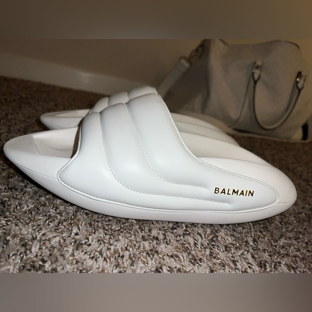 Balmain White Slide Sandals with Gold Logo